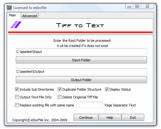 Menu for Tif to Text Batch OCR Processing